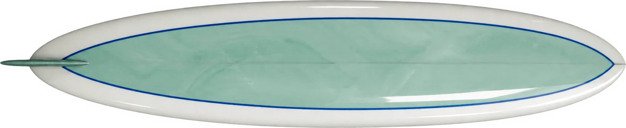 A white Ovelis longboard with a seafoam resin panel and a thin cobalt pinline, laid on its side